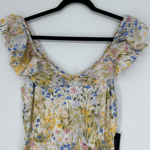 Wildfox Blair Deep V Ruffle Shoulder Painted Flower Fields Womens Mini Dress New - Picture 3 of 11